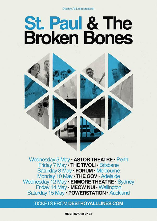 St. Paul & The Broken Bones tour poster featuring band photos in geometric diamond cutouts above Australian and New Zealand tour dates.